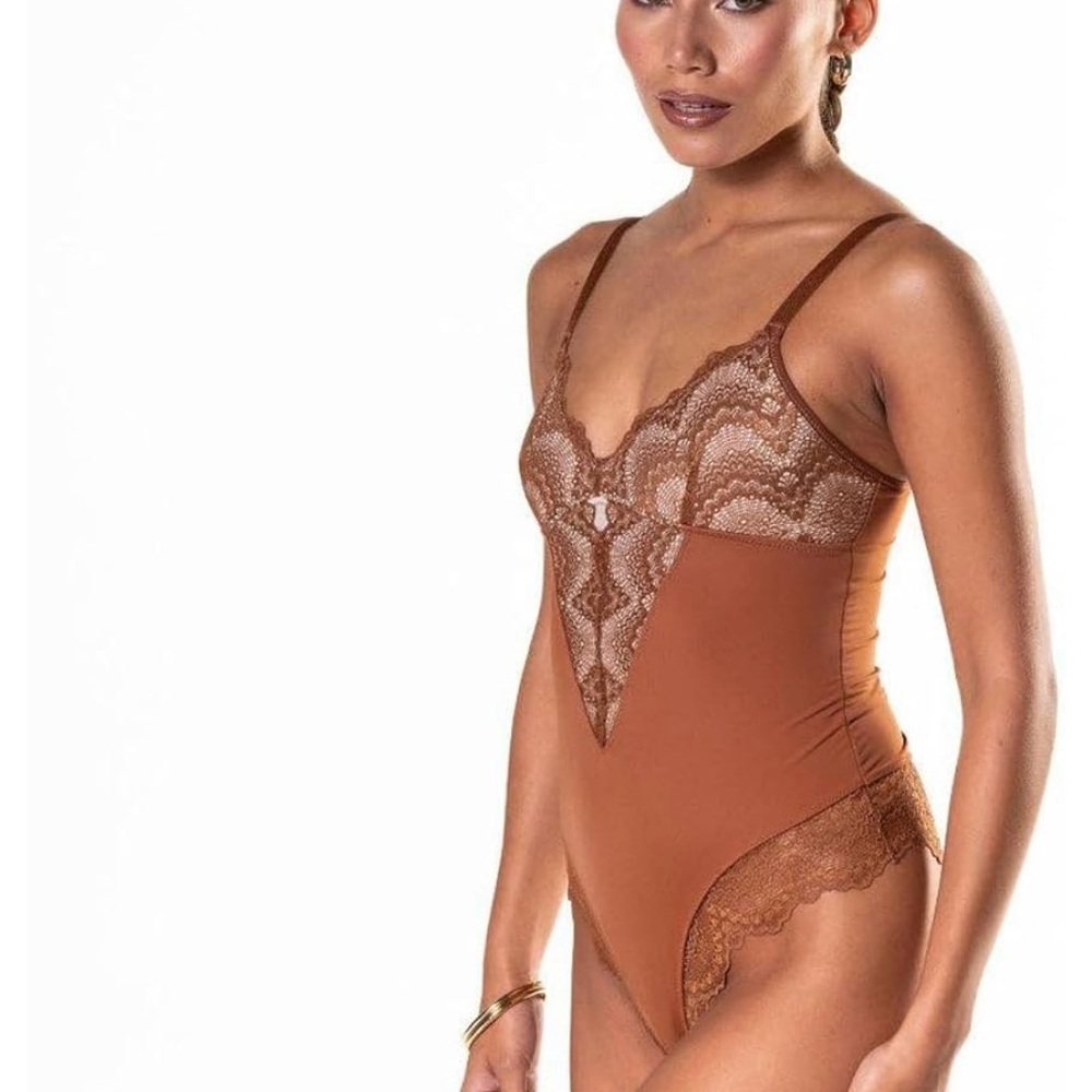 Lace-Trim Brown Bodysuit - Size Large
